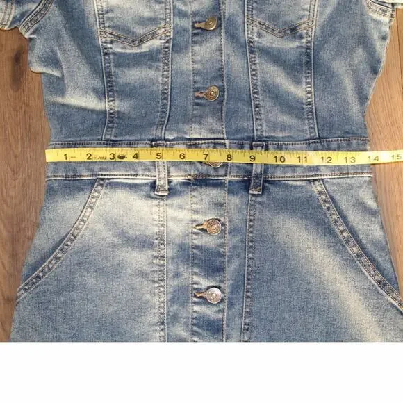 Peace Love Eco by Rewash Denim Mini Dress | Button Front | Short Sleeve | Size S - Picture 7 of 8